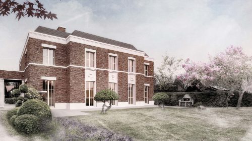 Traditionelle Landhausvilla aus Backstein im englischen Stil - Die Fassade aus roten Ziegelsteinen wird von weißen Sprossenfenstern kontrastiert.