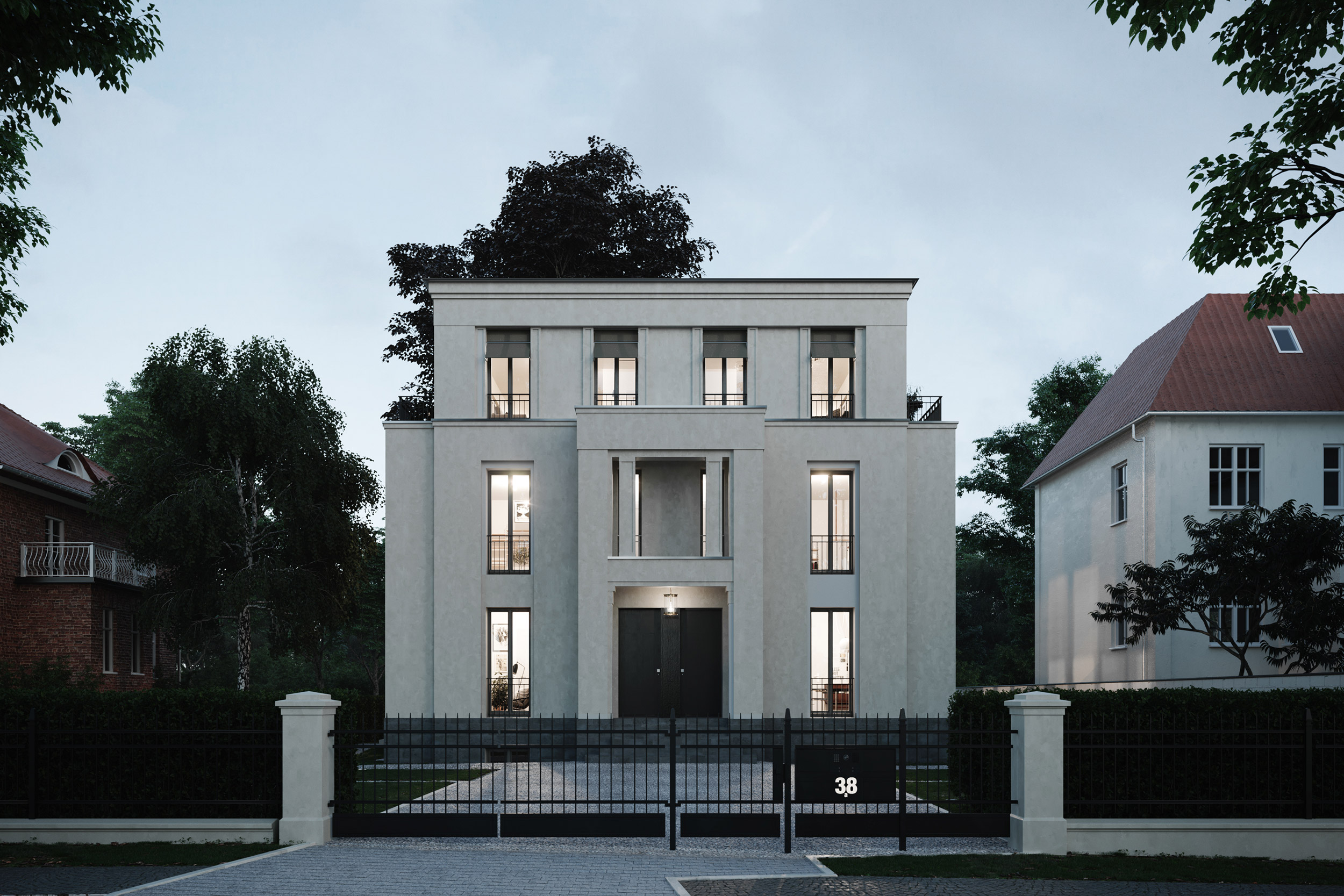 Podbielski 38 - Klassische Stadtvilla mit modernen Eigentumswohnungen in Berlin-Dahlem - Straßenansicht am Abend