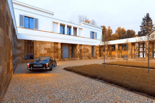 A new courtyard with its arcades connects all the barns and manor houses.