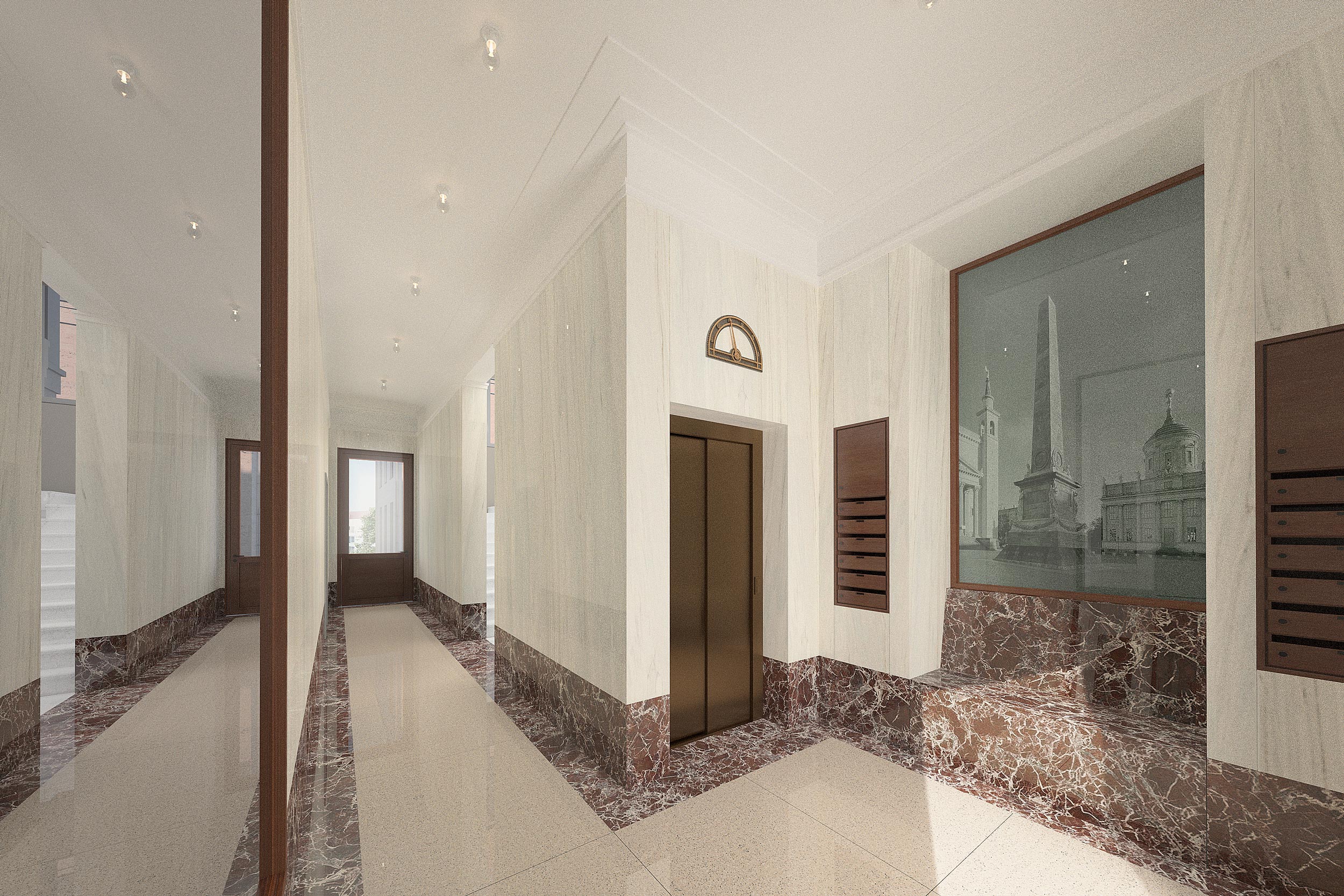 Das repräsentative Vestibül ist klassisch elegant gestaltet. Ein traditioneller Floor Indicator zeigt die exquisite Ausstattungsqualität.