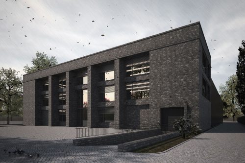 Doppelgeschossige Säulen aus Backstein strukturieren die Gebäudeform des Logistikzentrums.