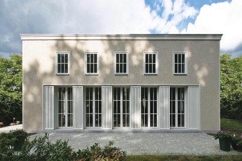 Blick auf die Wohnhalle mit gesprossten Oberlichern