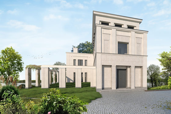 Seitliche Ansicht mit Wandelgang und Kolonnade als zentrales Gestaltungselement der Villa am Jungfernsee